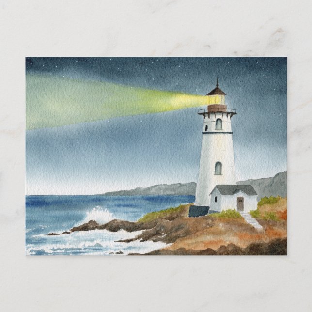 Cartão Postal Coastal Lighthouse with Light Beam  (Frente)