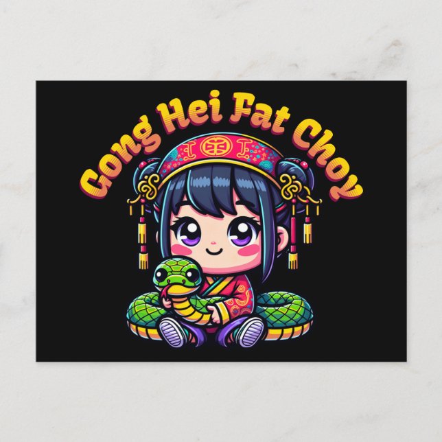 Cartão Postal Cobra de Ano Novo Chinês e Rapariga (Frente)