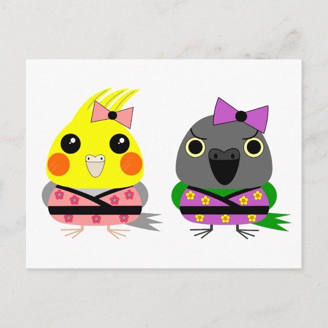 Cartão Postal Cockatiel e papagaio Senegal em Kimonos (Frente)