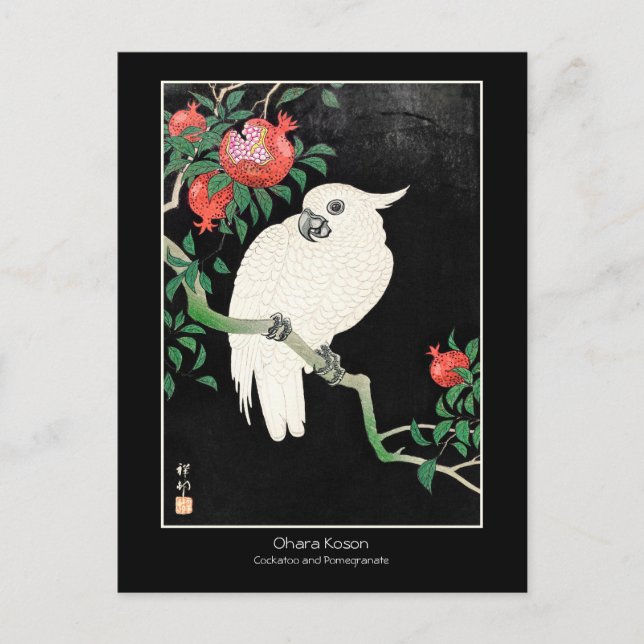 Cartão Postal Cockatoe Pomegranato - Ohara Koson + título Art (Frente)