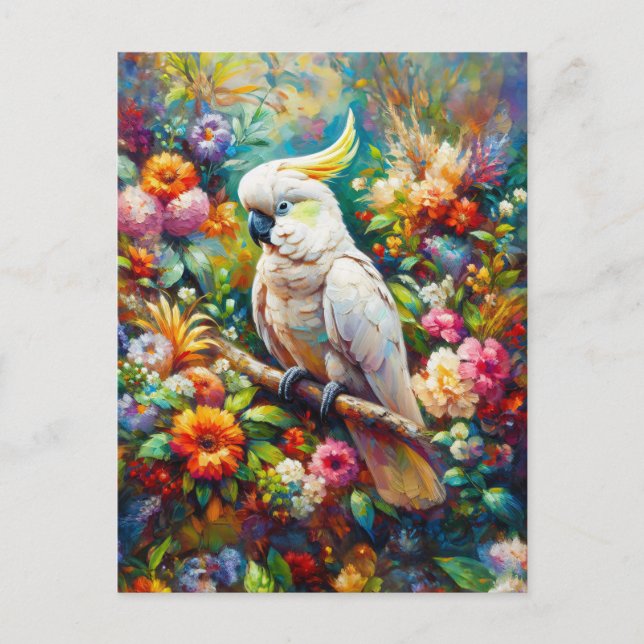 Cartão Postal Cockatoo com Flores Coloridas (Frente)