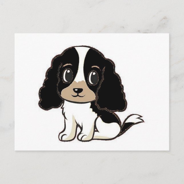 Cartão Postal cocktail inglês spaniel preto branco e desenho ani (Frente)