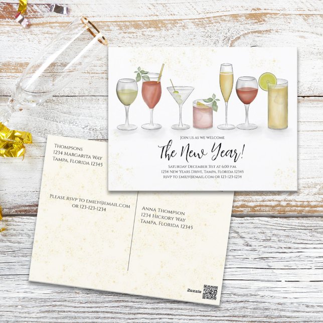 Cartão Postal Cocktails de Partes anos novos Aquarela Pré-endere (Criador carregado)
