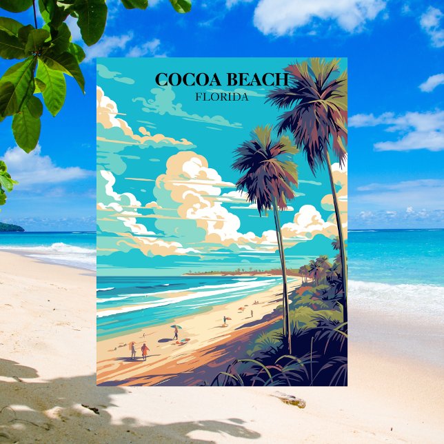 Cartão Postal Cocoa Beach Florida Retro Palm Trees & Beach (Cocoa Beach Florida Travel Postcard)