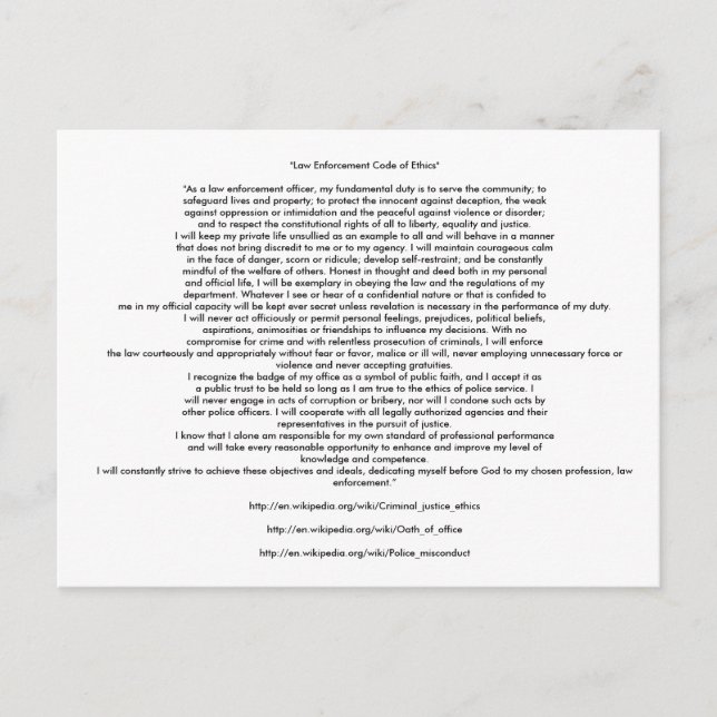 Cartão Postal CÓDIGO DE polícia DA ÉTICA (Frente)