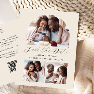 Cartão Postal Código QR de Arquivo de 3 Fotos Mínimo Bege Save t