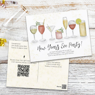 Cartão Postal Código QR de bebidas de coquetel de Ano Novo pré-e