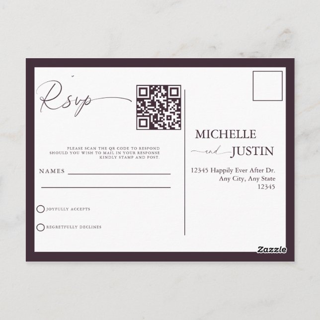Cartão Postal Código QR de Casamento Simples Moderno RSVP Pos (Verso)
