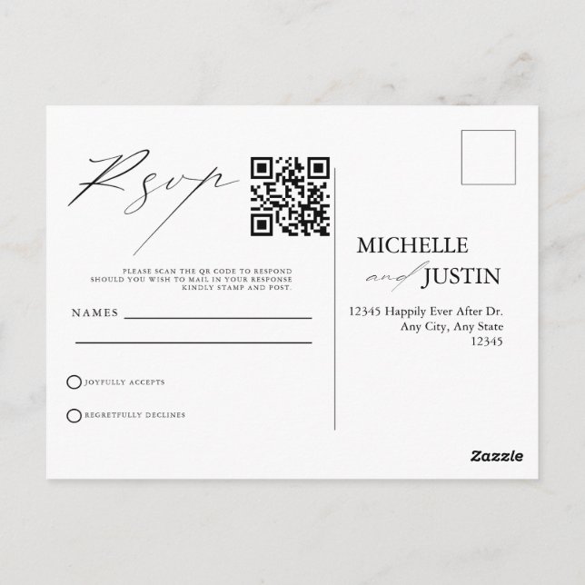Cartão Postal Código QR de Casamento Simples Moderno RSVP Pos (Verso)