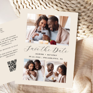 Cartão Postal Código QR de Colagem de 3 Fotos Bege Salve o Dia