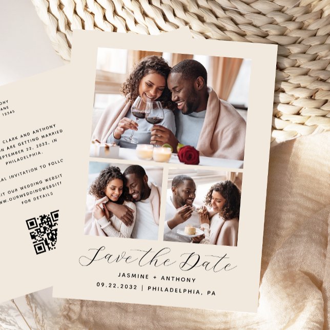 Cartão Postal Código QR de colagem de 3 fotos Beige Salvar a Dat (Criador carregado)