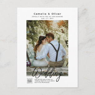 Cartão Postal CÓDIGO QR DE FOTO DE CASAMENTO Minimalista Branco 