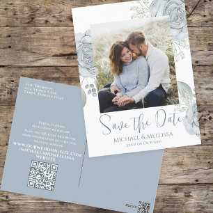 Cartão Postal Código QR de Foto Floral Azul Empoeirado Simples M