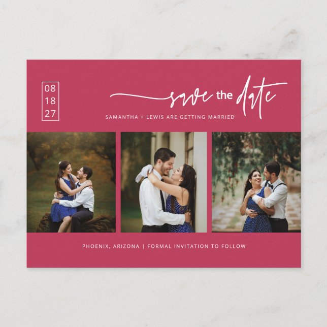 Cartão Postal Código QR de Foto Mínimo Viva Magenta Salve a Data (Frente)