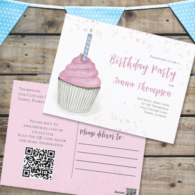 Cartão Postal Código QR do Cupcake Cuado Cinzento de Aniversário (Criador carregado)