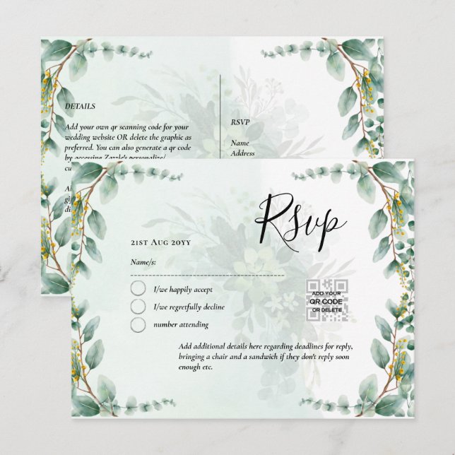Cartão Postal CÓDIGO QR RSVP Eucalyptus Deixa Casamento Verde Po (Frente/Verso)