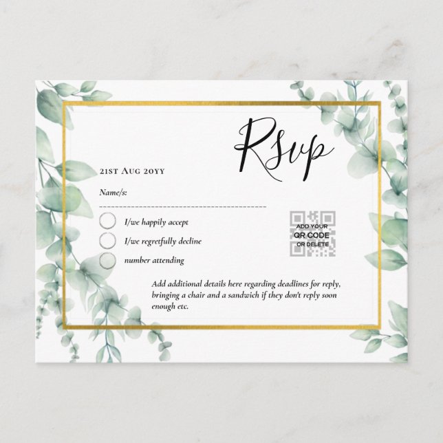 Cartão Postal CÓDIGO QR RSVP Eucalyptus Deixa Casamento Verde Po (Frente)