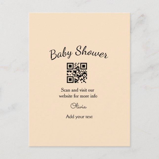 Cartão Postal Código QR simples para chá de bebê com nome texto  (Frente)