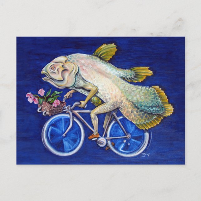 Cartão Postal Coelacanto Fóssil Vivo Em Uma Bicicleta Com Azul (Frente)