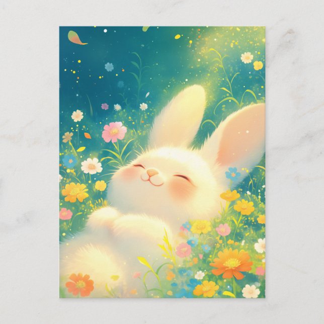 Cartão Postal Coelhinho Branco Feliz no Prado de Flores Mágicas (Frente)