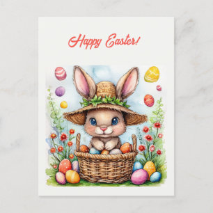 Cartão Postal Coelhinho da Páscoa em uma Cesta de Ovos Pintados