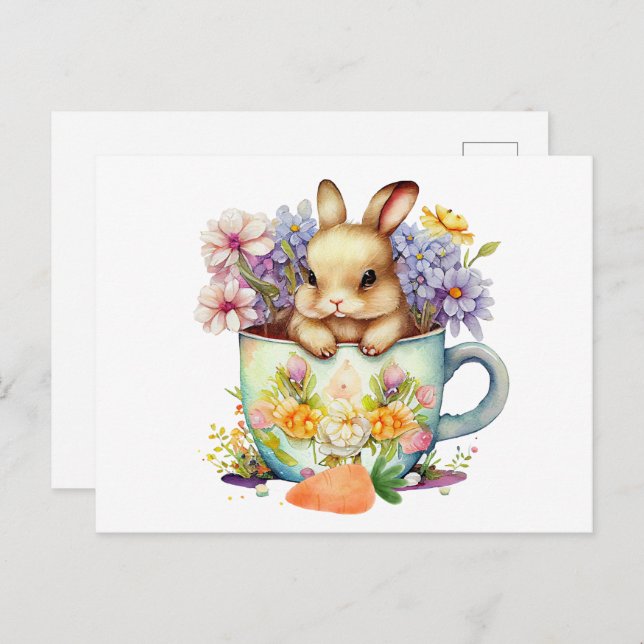 Cartão Postal Coelhinho de Aquarela Bonito na Taça Flor de Tea (Frente/Verso)