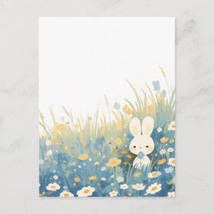 Cartão Postal Coelhinho de Creme Doce no Prado de Flor Silvestre