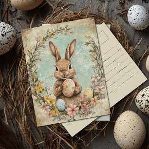 Cartão Postal Coelhinho de Páscoa com Flores em Aquarela Vintage
