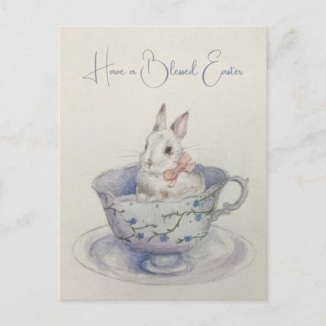 Cartão Postal Coelhinho de Páscoa em Aquarela em Teacup (Frente)