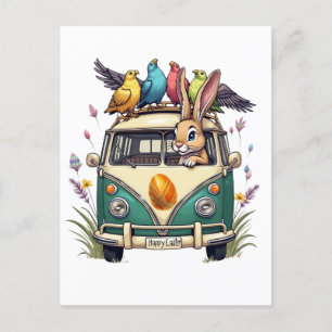 Cartão Postal Coelhinho de Páscoa em um Ônibus com Amigos de Pás