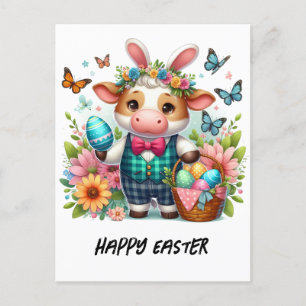 Cartão Postal Coelhinho de Vaca Páscoa Adorável em Xadrez Azul