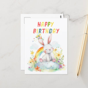 Cartão Postal Coelhinho Fofo Arco-íris Colorido Feliz Aniversári