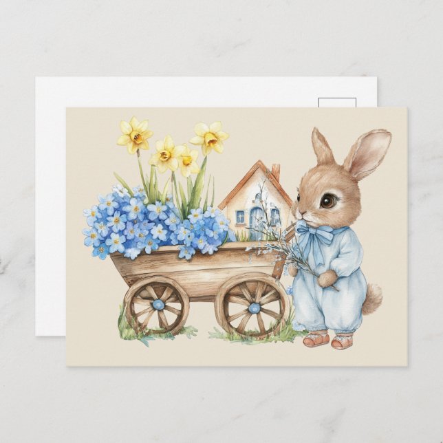 Cartão Postal Coelhinho Personalizado com Flores Azuis (Frente/Verso)