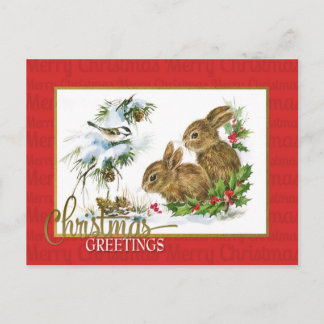 Cartão Postal Coelhinhos de Boas Festas de Natal Reprodução Vint