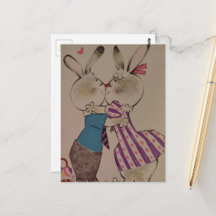 Cartão Postal Coelhinhos de Páscoa se beijando retrô