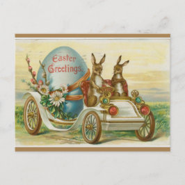 Cartão Postal Coelhinhos de Vintage em um Carro com Ovo de Pásco