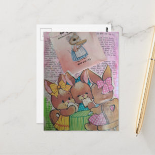 Cartão Postal Coelhinhos e Rato Vintage Fofo Colagem