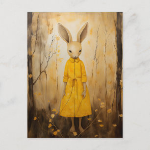 Cartão Postal Coelho Adorável com um Vestido Floral Amarelo