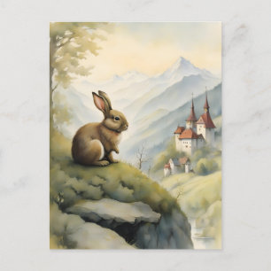 Cartão Postal Coelho bonito e castelo místico nas montanhas