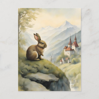 Cartão Postal Coelho bonito e castelo místico nas montanhas