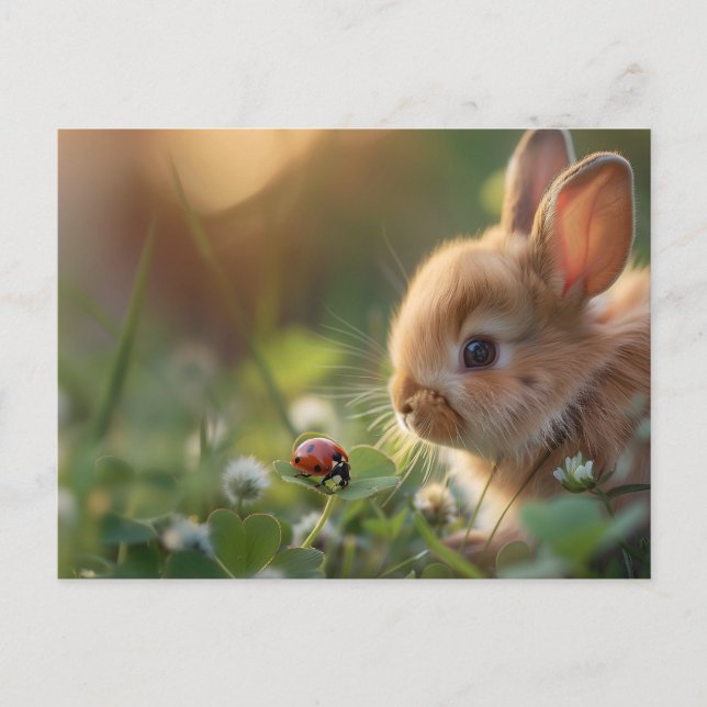 Cartão Postal Coelho bonito e uma joaninha no campo verde (Frente)