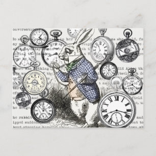 Cartão Postal Coelho Branco Alice Relógios Arte Mundo das Maravi