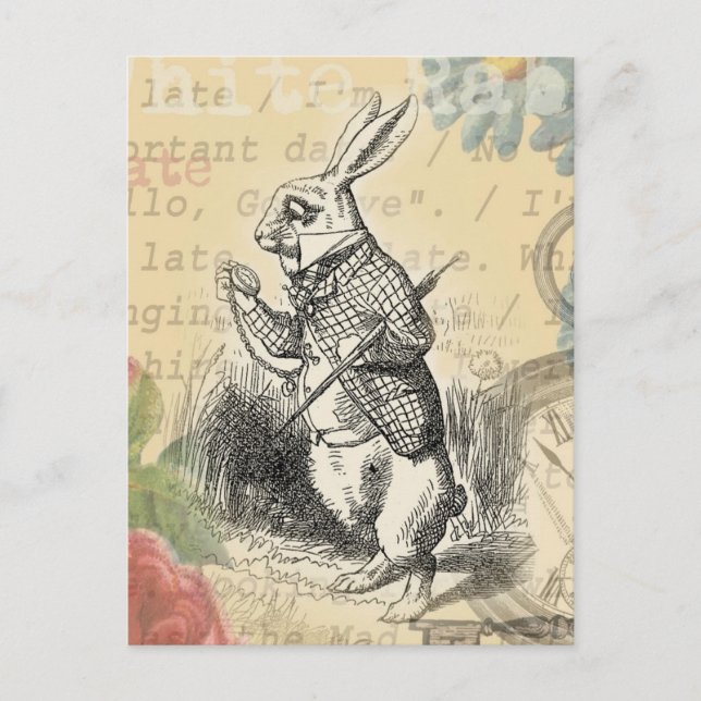Cartão Postal Coelho Branco Arte de Alice no País das Maravilhas (Frente)