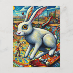 Cartão Postal Coelho Branco De Skate Diversão Colorida Surreal