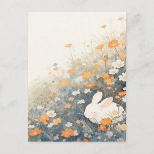 Cartão Postal Coelho Branco Dormindo no Prado Laranja