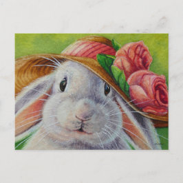 Cartão Postal Coelho Branco na Arte de Aquarela de Primavera Bon