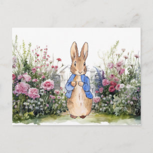 Cartão Postal Coelho clássico de azul no seu jardim