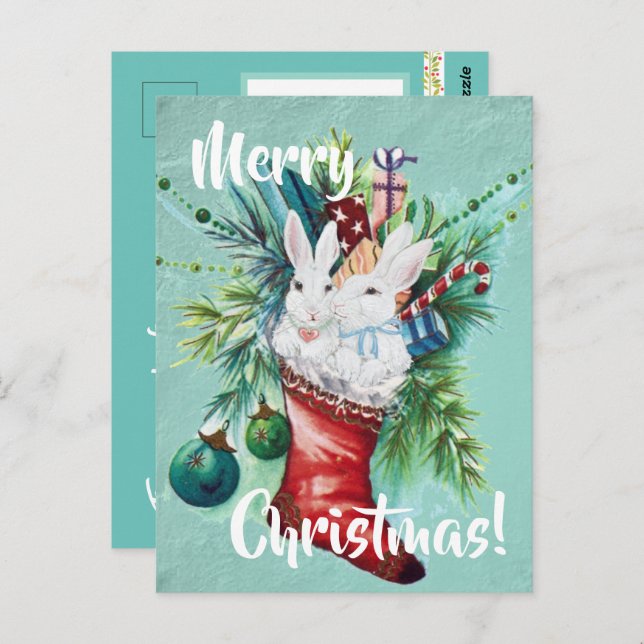 Cartão Postal Coelho Coelho Personalizado Xmas com Casal Azul (Frente/Verso)