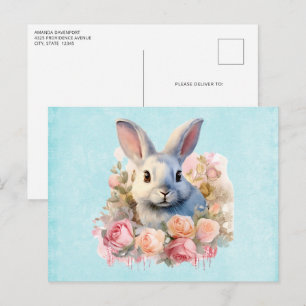 Cartão Postal Coelho com uma Guirlanda de Rosas Fofo
