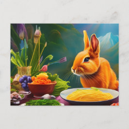 Cartão Postal Coelho Com Uma Tigela Cheia De Espaguete
